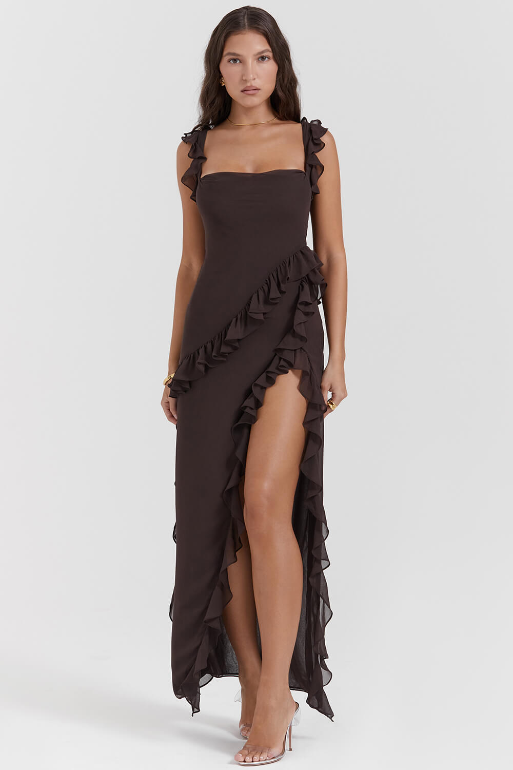 Robe maxi à volants couleur espresso