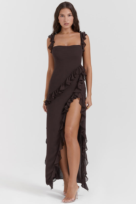 Robe maxi à volants couleur espresso