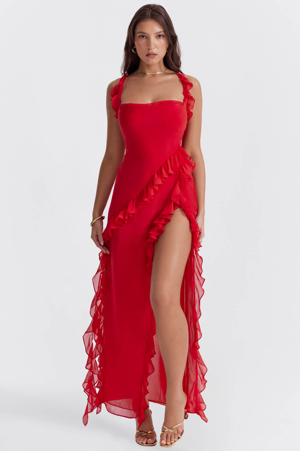Robe maxi à volants rouge