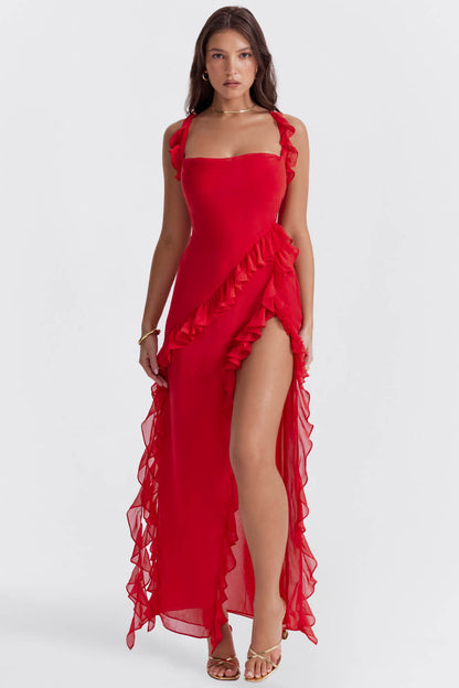 Robe maxi à volants rouge