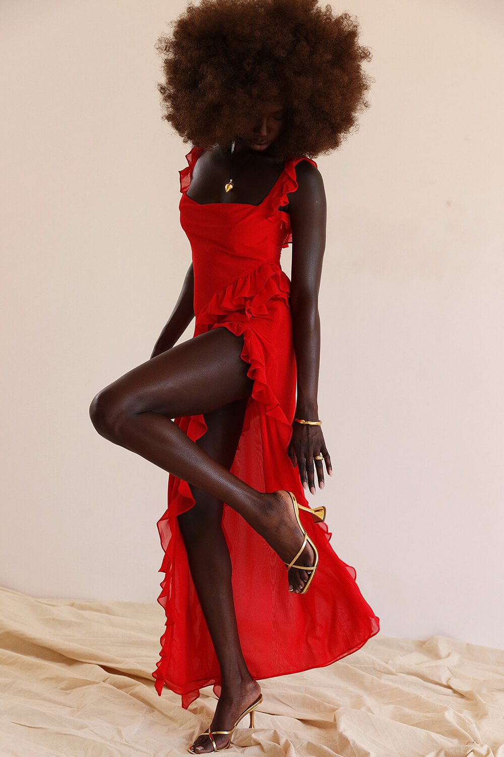 Robe maxi à volants rouge