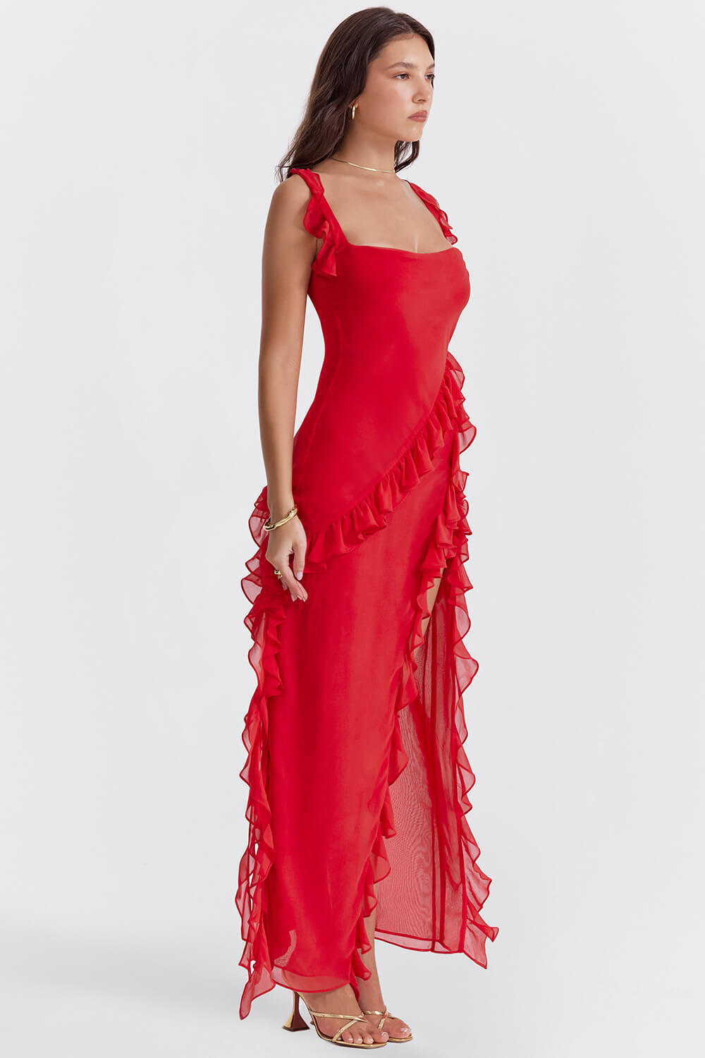 Robe maxi à volants rouge