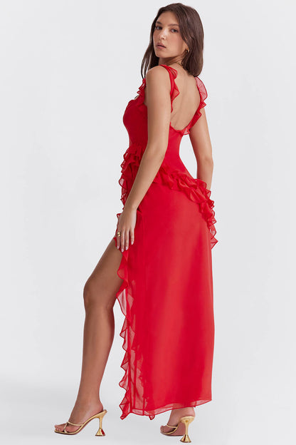 Robe maxi à volants rouge