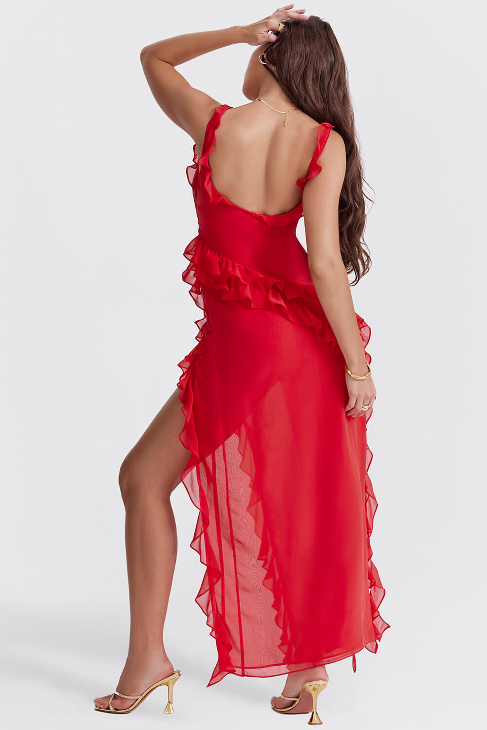 Robe maxi à volants rouge
