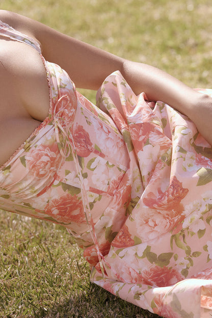 Robe bustier en coton imprimé pivoine rose