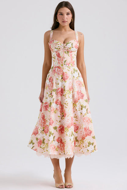Robe bustier en coton imprimé pivoine rose