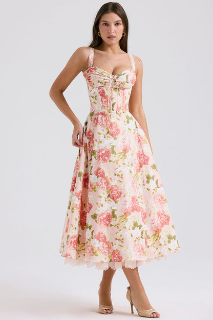 Robe bustier en coton imprimé pivoine rose