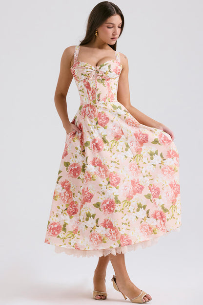 Robe bustier en coton imprimé pivoine rose